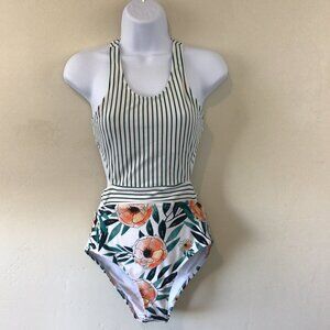 Cupshe Green White Floral Striped Cut Out One Piece Swimsuit